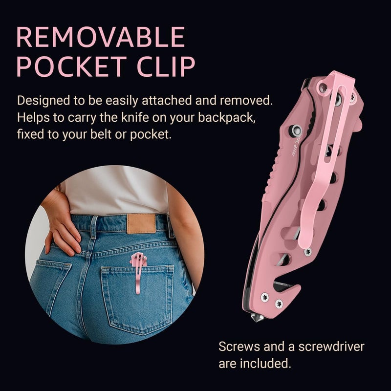 GOOD WORKER Pink Pocket Knife for Women - Legal Small Knife - 2.68 Inch Serrated Blade - Womens Knife for Self Defense - Cute Girl Survival Tool Pocket & Folding Knives - Mothers Day Gift Idea - 6655 P - Image 4